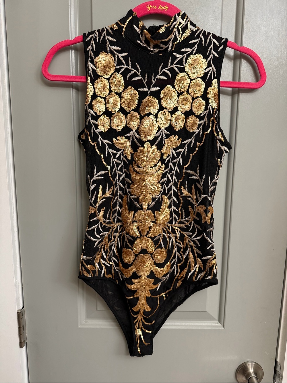 Fashion Nova Black & Gold Sequin Embroidered Bodysuit Size Medium NWOT - Picture 3 of 6
